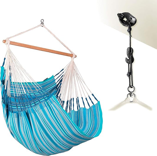 LA SIESTA® - Large Comfort Habana Cotton Hammock Chair & CasaMount - Hanging Chair w/Suspension Kit for Walls Ceilings & Square Beams - Indoor Outdoor Swing Hanging Chair Bedroom Balcony - Azure