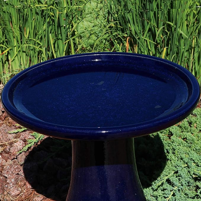 Sunnydaze 21" H Ceramic Bird Bath for Outside - Hand-Painted Outdoor Bird Bath Bowl, UV/Frost-Resistant Finish - Dark Blue - Cut Out Pedestal