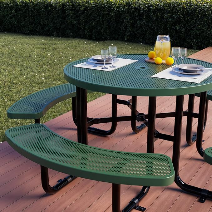 Metal Picnic Tables for Outdoors with Umbrella Hole - Coated Steel Heavy Duty Commercial Grade Table with Adjustable Seats (Green, 46 in, Round, Punched Steel)