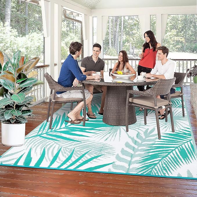 Outdoor Rug 8'x10' Waterproof for Patios Clearance, Reversible Outdoor Plastic Straw Rug Camping Carpet, Outside Floor Mats Large Area Rugs for RV,Patio,Deck,Porch, Beach,Balcony,Teal&White