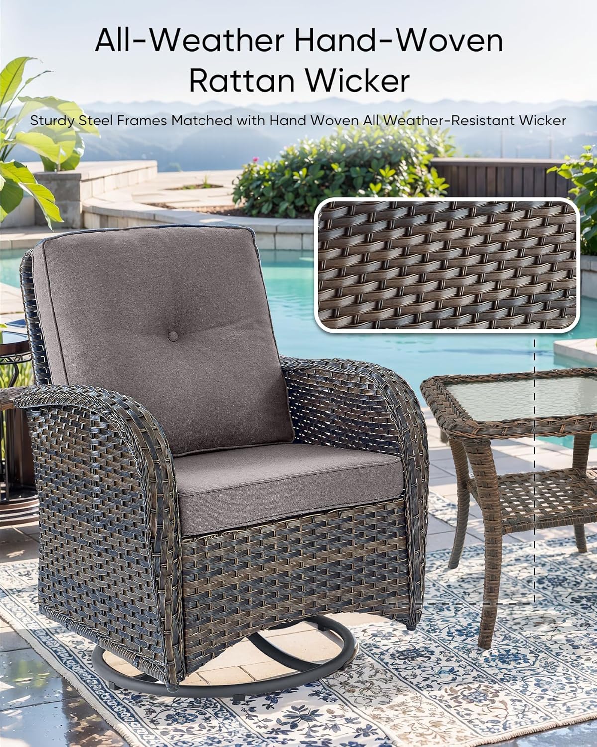 HUMMUH Outdoor Swivel Chairs,3 Pieces Patio Furniture Set with 360 Degree Wicker Swivel Rocking Chairs and Side Table for Garden,Porch,Backyard (Brown/Grey)