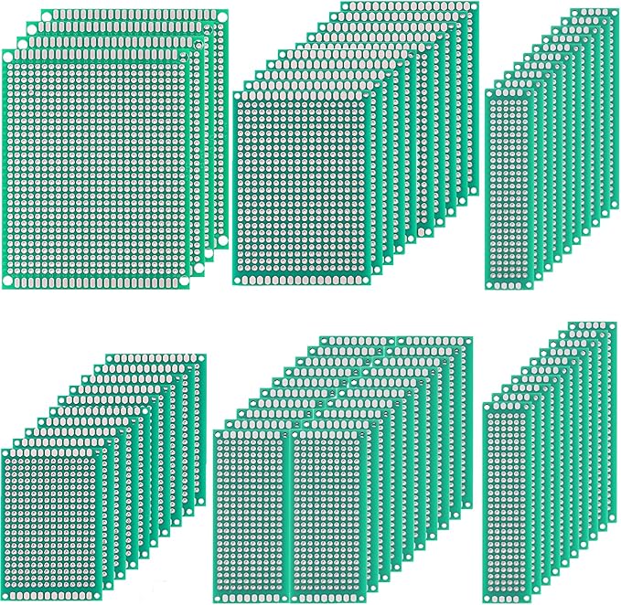 64 pcs Green PCB Board - Double Sided Circuit and perf Board with 5 Sizes for DIY Electronics, Compatible with Bread Boards and Soldering Projects