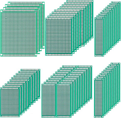 64 pcs Green PCB Board - Double Sided Circuit and perf Board with 5 Sizes for DIY Electronics, Compatible with Bread Boards and Soldering Projects