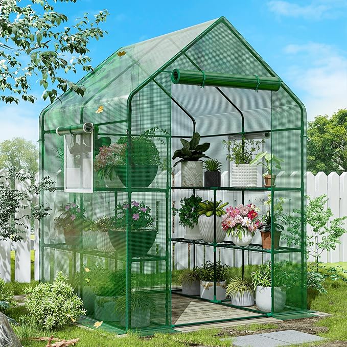 56×56×78Inch Walk-in Greenhouse, Heavy Duty Small Plant House with Thicken PE Cover and Steel Frame, for Garden, Outdoors, Indoors, Green