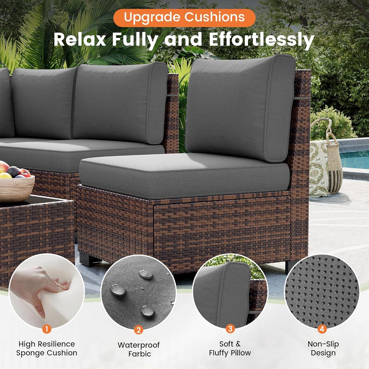 UDPATIO Patio Furniture Set, 8 Inch Armrest Outdoor Sectional Sofa, 6 Piece Wicker Outdoor Furniture Conversation Sets with Waterproof Cover and Coffee Table for Backyard Deck(Brown/Dark Grey)