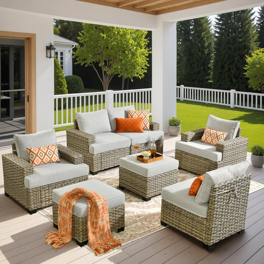 HOOOWOOO Outdoor Sectional Patio Furniture Set,7 Pieces Wicker Conversation Sets,Extra Deep Out Door Sofa Outside Furniture Couch with Ottoman,Light Gray