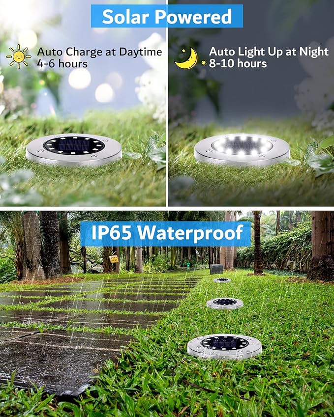 Biling Solar Ground Lights Outdoor 8 Packs, Bright 12 LEDs Solar Lights Outdoor Waterproof, Flat Landscape Lights Solar Powered for Yard Walkway Garden Driveway (White)