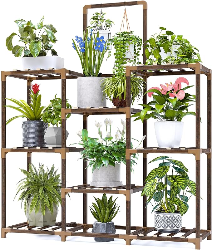 EnHomee Plant Stand Indoor Large Plant Stands Outdoor 5 Tiers Wood Tiered Plants Shelf for Multiple Plants with 8 Potted 34.3" W x 11.8" D x 47.2" H