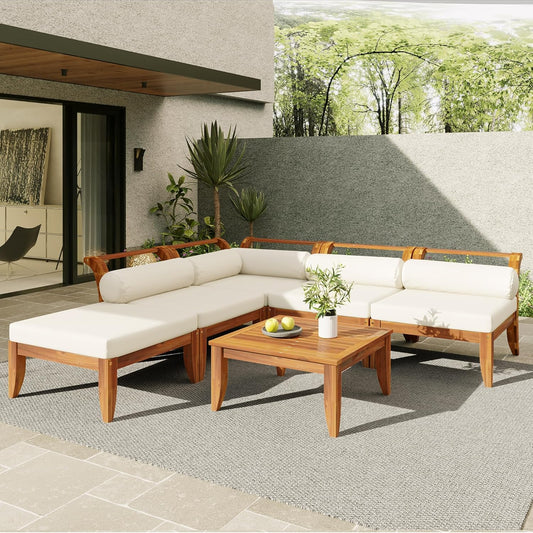 6 Piece Acacia Wood Patio Sofa Set, Outdoor Modular Sectional Garden Furniture Set with Tea Table, Ottoman, 5 Cushions and Pillows, L-Shaped Conversation Daybed for Patios, Poolsides, Gardens