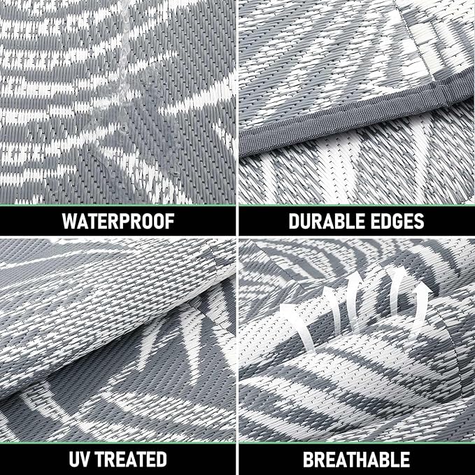 HiiARug Outdoor Reversible Plastic Straw Rug, 9'x12', Cool Gray, Large Patio Mat for RV, Backyard, Deck, Picnic, Beach, Trailer, Camping