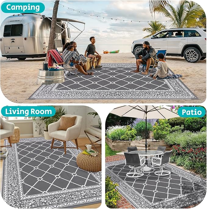 HEBE Outdoor Rug Waterproof 9x12, Reversible Plastic Straw Rug RV Camping Rug, Indoor Outdoor Patio Mat Clearance, Outside Carpet for Porch,Deck,Camper,Balcony,Backyard,Picnic