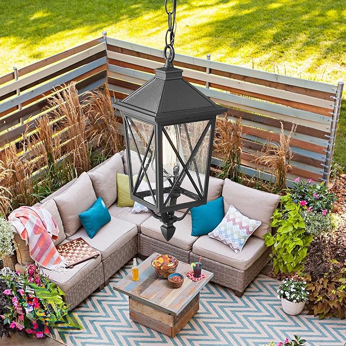 Darkaway Outdoor Pendant Light Fixture, Outdoor Hanging Porch Light with Seeded Glass, Anti-Rust Waterproof Aluminum E26 Socket Lighting for Porch Entryway Doorway