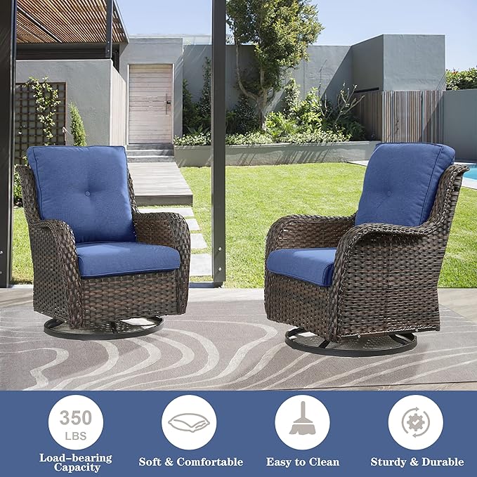 5 Piece Outdoor Patio Furniture Set - Wicker Furniture Patio Conversation Set, Outdoor Swivel Rocker Chairs with 3-Seater Sofa and 2 Ottomans for Small Space, Blue Cushion