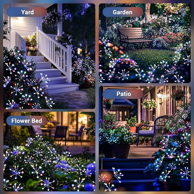 Solar Garden Decor Lights Outdoor, Solar Powered Lights Waterproof for Yard Patio Porch Flowerbed, Fairy Gardening Supplies Gifts Firwork(4 Pack Multi-Colored)