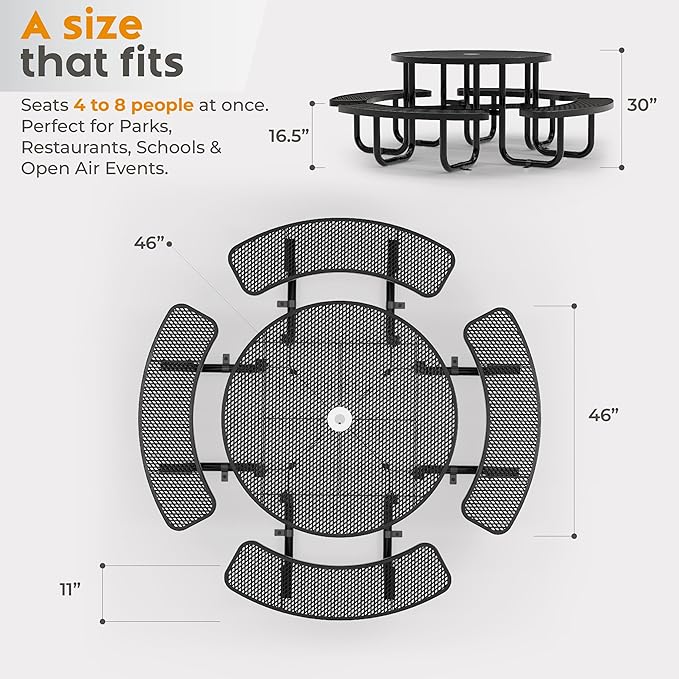 Metal Picnic Tables for Outdoors with Umbrella Hole - Coated Steel Heavy Duty Commercial Grade Table with Adjustable Seats (Black, 46 in, Round, Expanded Steel)