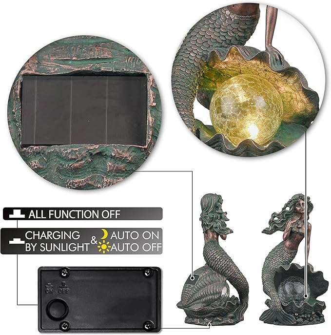 TERESA'S COLLECTIONS Mermaid Garden Statues with Solar Outdoor Lights for Outdoor Decor, Bronze Patina Fairy Sculptures & Statues Christmas Decorations, Garden Decor Gifts for Mom Yard Decor, 13"