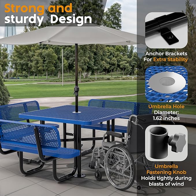 Metal Picnic Tables for Outdoors with Umbrella Hole - Coated Steel Heavy Duty Commercial Grade Table with Adjustable Seats (Blue, 46 in, Square with Back, Expanded Steel)