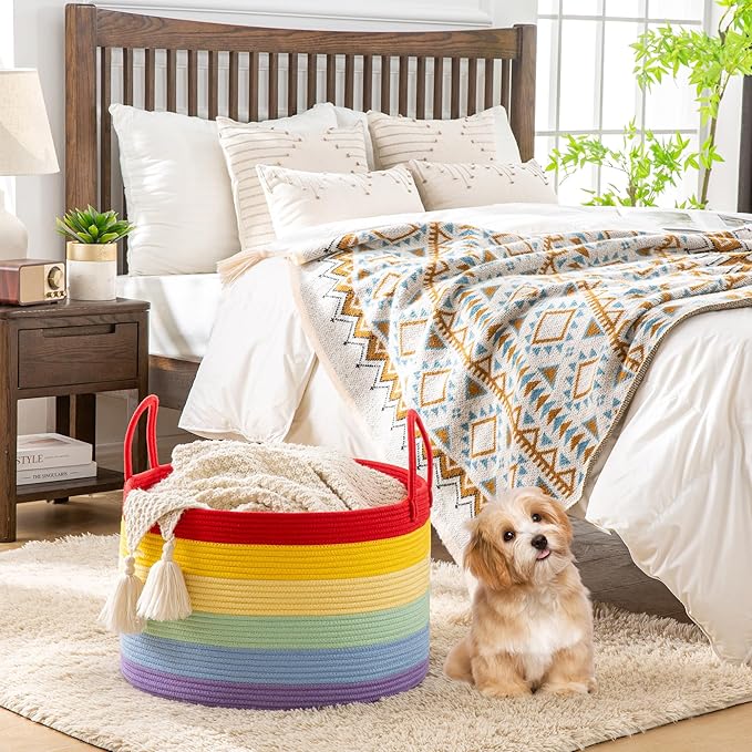 KAKAMAY Large Blanket Basket (20"x13"),Woven Baskets for storage Baby Laundry Hamper, Cotton Rope Blanket Basket for Living Room, Laundry, Nursery, Pillows, Baby Toy chest (Rainbow)