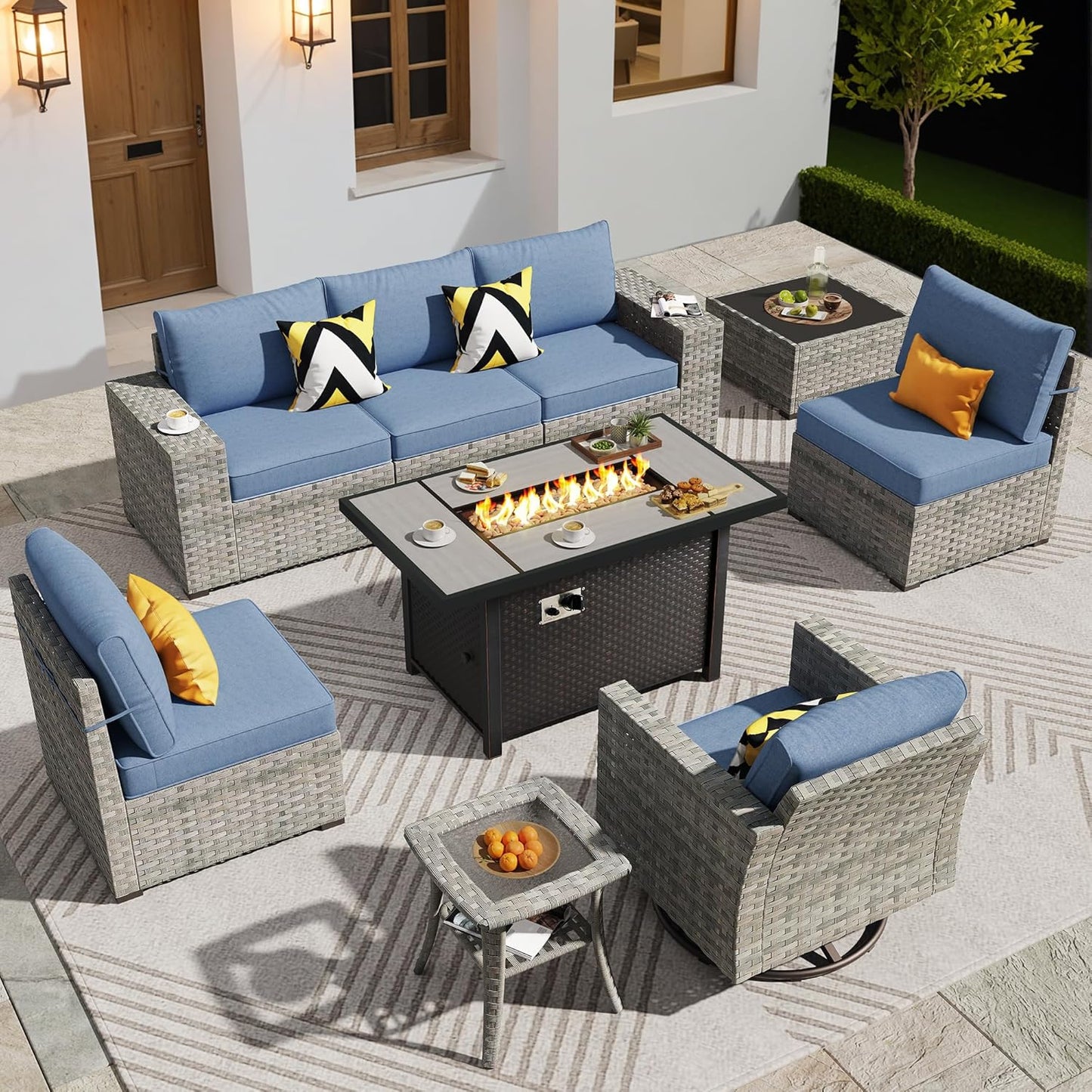 ovios 9 Pieces Patio Furniture Set, Outdoor Wicker Sectional Sofa with 42" Firepit Table Swivel Chair, Modern Modular Deep Seat Rattan Couch Conversation Sets, Denim Blue