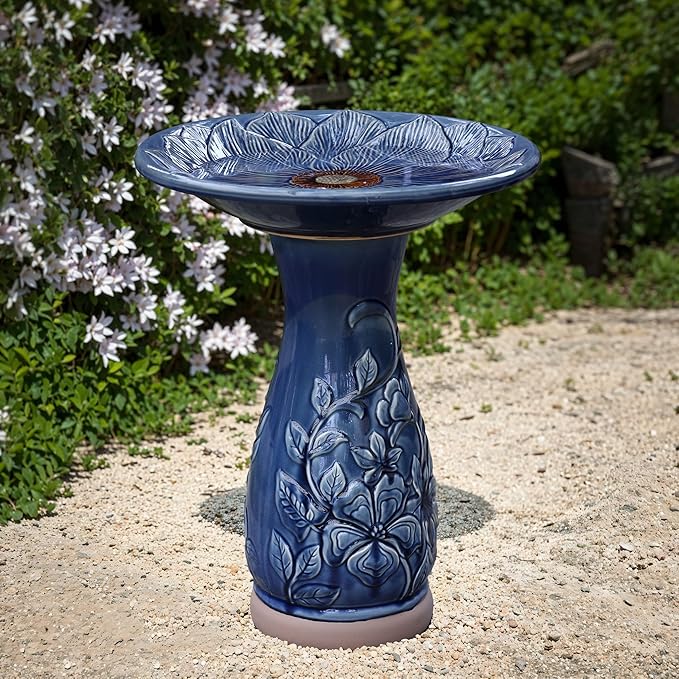 LuxenHome 22 Inch Ceramic Bird Bath for Outside, Elegant Tall Outdoor Bird Bath, Lightweight Pedestal Glazed Birdbaths for Outdoors with Floral Pattern, Deep Blue