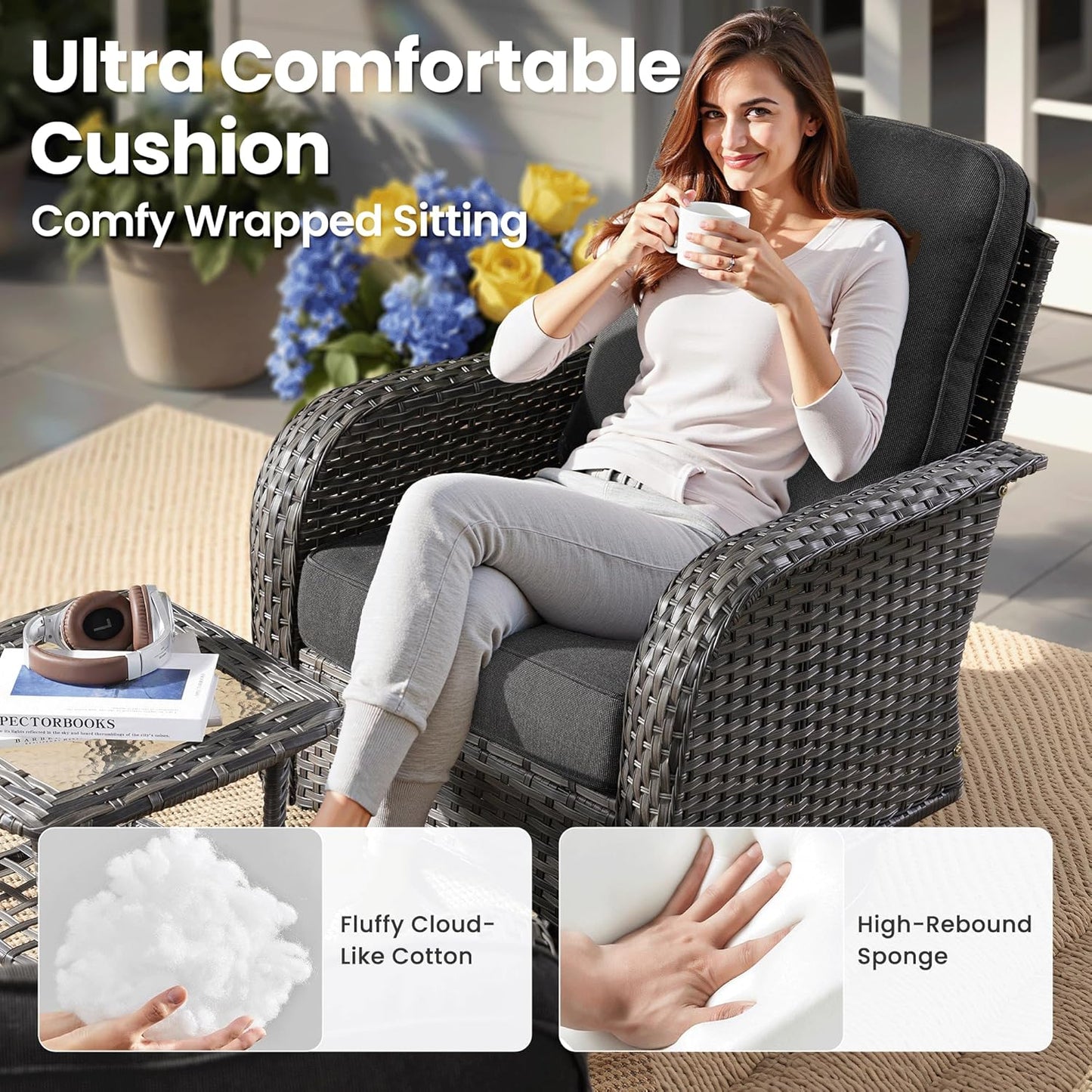 ovios 3 Pieces Patio Furniture Set, Outdoor Rocking Chairs of 2, Wicker Swivel Glider Chairs with Side Table Thick Cushions, All Weather Rattan Bistro Set for Porch, Black