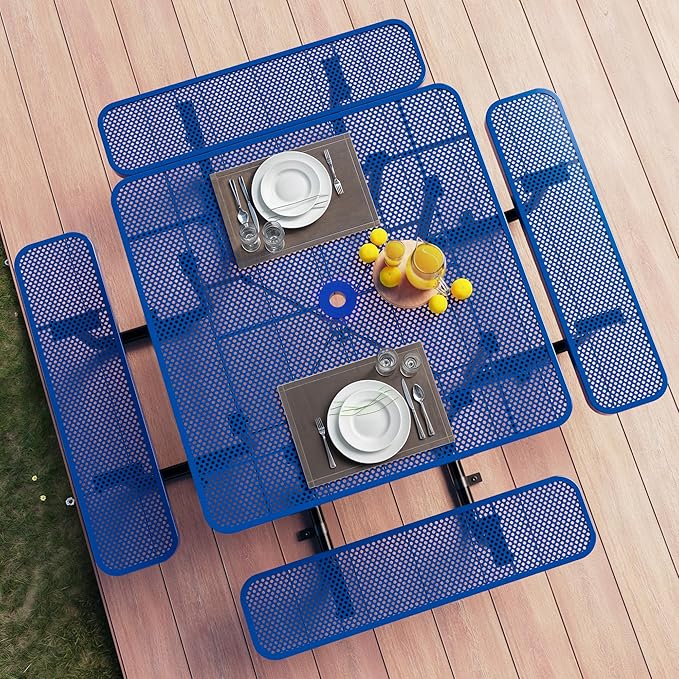 Metal Picnic Tables for Outdoors with Umbrella Hole - Coated Steel Heavy Duty Commercial Grade Table with Adjustable Seats (Blue, 46 in, Square, Punched Steel)