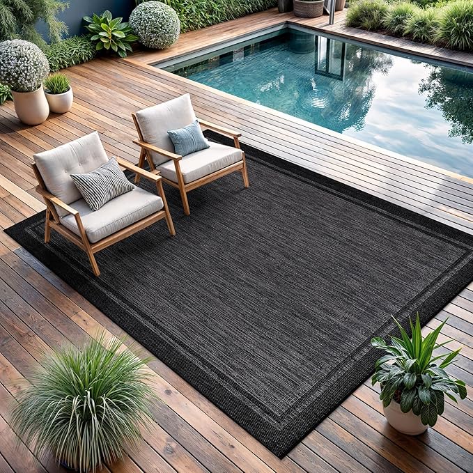 CAMILSON Indoor Outdoor Rug, 6x9 Bordered Dark Grey Black Modern Area Rugs for Indoor and Outdoor Patios, Kitchen and Hallway Mats, Washable Porch Deck Outside Carpet (Bordered Black, 6 x 9)