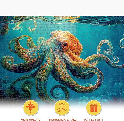Cross & Glory Jigsaw Puzzles 1000 Pieces - Deep Blue Octopus Odyssey - 1000 Piece Puzzle for Adults | Best New Marine Artwork Ocean Puzzles | Unique Brain Teaser Octopus Puzzle