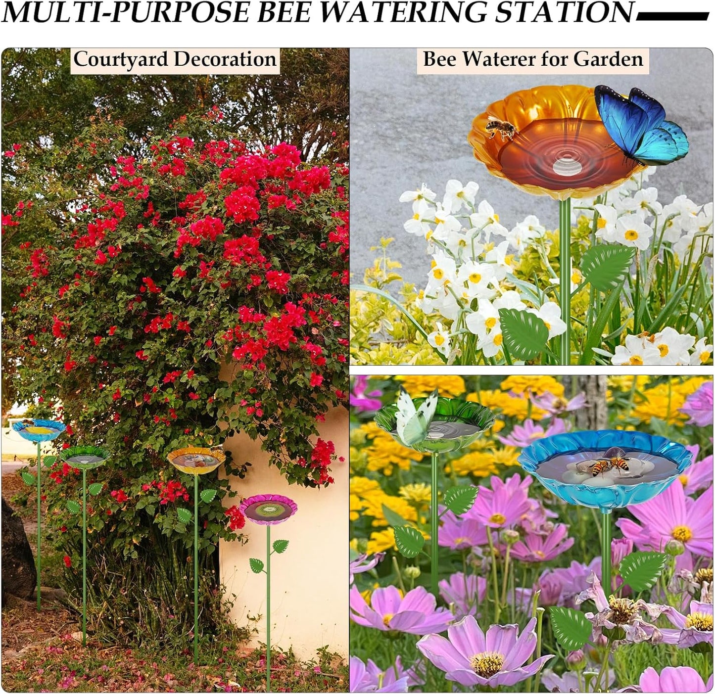 Bee Watering Station for Garden, 4 Pack Bee Drinking Station with Heart-Shaped Flower, Metal Butterfly Feeder Bee Baths for Outdoor Garden Yard Decor (Red,Green,Blue,Yellow)