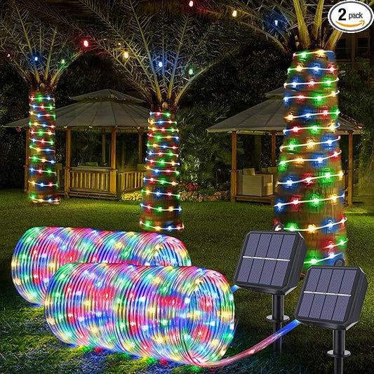 Solar Rope Lights, 2 Packs 66ft 200LED Solar String Lights, 8 Modes Waterproof Solar Powered Outdoor Light, Flexible Clear Tube Light for Garden Backyard Patio Deck Pool Tree Decorations- Multicolor