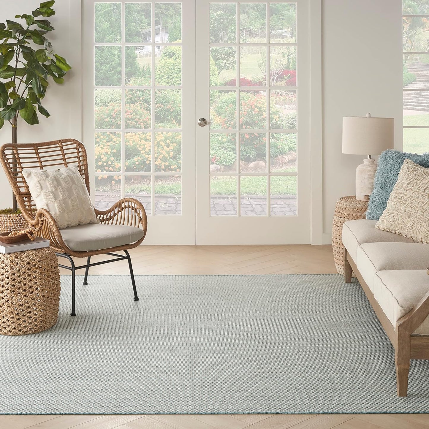 Nourison Home Courtyard Indoor/Outdoor Ivory/Aqua 8' x Square Area Rug, Easy Clean, Non Shedding, Bed Room, Living Room, Dining Room, Backyard, Deck, Patio (8 Square)
