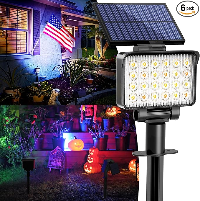 Color Changing Solar Spot Lights Outdoor Waterproof for Flag, Tree, House, Garden, Yard, Landscape Spotlights for Accent Uplighting Halloween Christmas Decorations-6 Pack