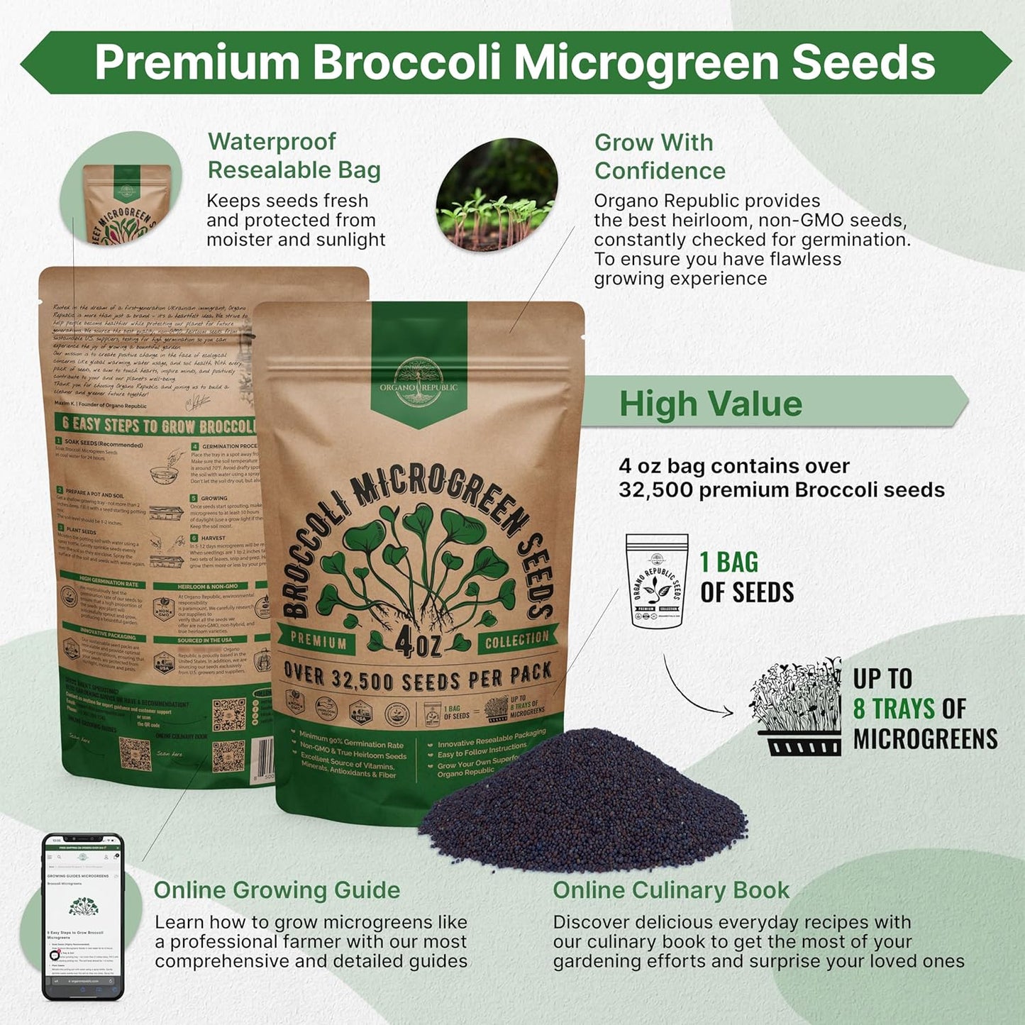 Organo Republic Broccoli Sprouting & Microgreens Seeds - 32,500 Non-GMO Heirloom Seeds, Sprouts in Bulk 4oz Resealable Bag for Planting & Growing in Soil, Coconut Coir, Aeroponic & Hydroponic System