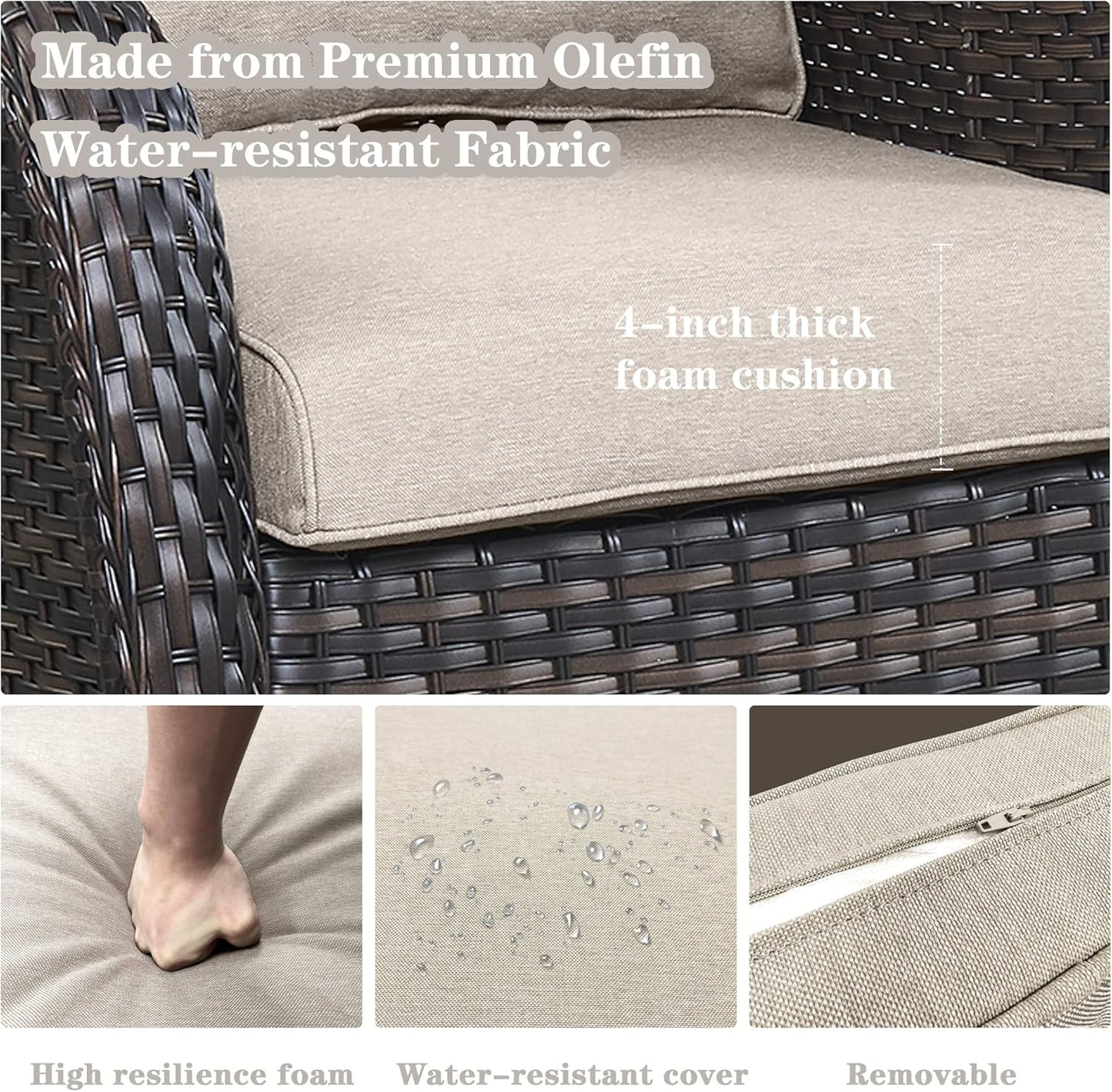 Outdoor Patio Furniture Set with 50000BTU Propane Fire Pit Table, 7 Pieces Wicker Patio Conversation Set with 2 Swivel Glider Rocker Chair Rattan Sofa Beige Cushion Perfect for Casual Gathering