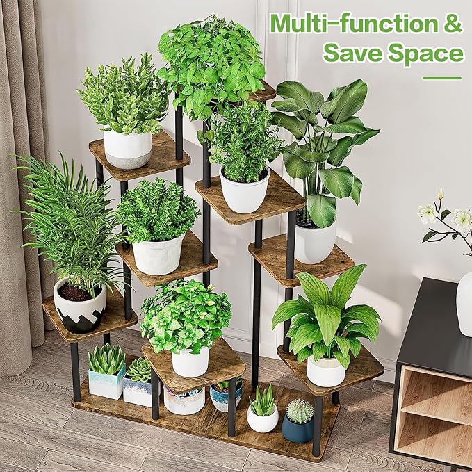 9 Tier Wood Tall Plant Stand Metal Rack Indoor, Multiple Flower Pot Holder Shelves Corner Rack, Planter Shelf Display Rack Storage Organizer for Patio Living Room Balcony Garden(Black)