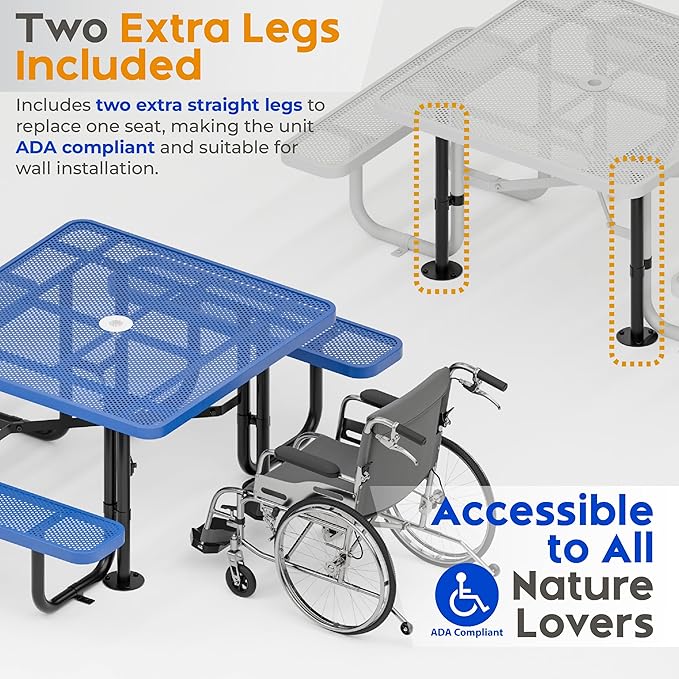 Metal Picnic Tables for Outdoors with Umbrella Hole - Coated Steel Heavy Duty Commercial Grade Table with Adjustable Seats (Blue, 46 in, Square, Punched Steel)