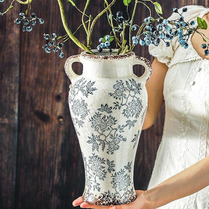 Enra Vintage vase with Handle,12.6 inch Blue and White Ceramic Decorative Flower vase, Chinoiserie Floral Vase,Large Rustic Vases for Home Decors, Living Room, Bookshelf, Office
