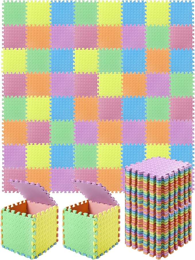 Shihanee Foam Floor Baby Tiles Foam Floor Mats Play Mats Bulk with Borders Interlocking for Kids Baby Playroom Nursery Gym (Colorful,64ft)