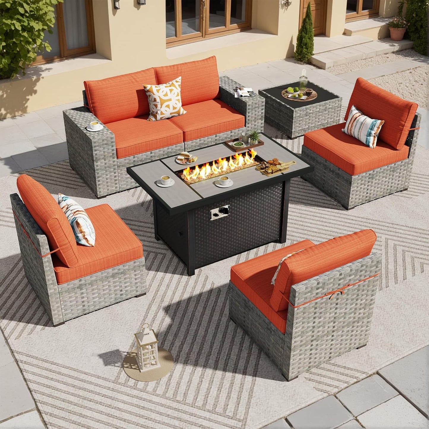 ovios 7 Pieces Patio Furniture Set, Outdoor Wicker Sectional Sofa with 42 Inch Fire Pit Table Comfy Cushions, Modern Modular Deep Seat Rattan Couch Conversation Set, Orange Red