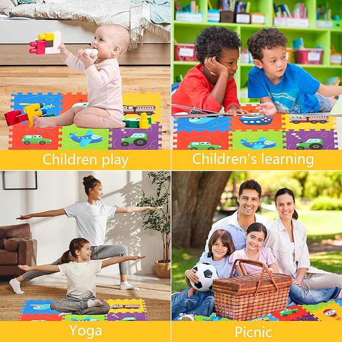Baby Play Mat, Foam Playmat for Babies, Kids Play Mat, Foam Floor Tiles 34×34 9 Pieces Vehicle Puzzle Mat