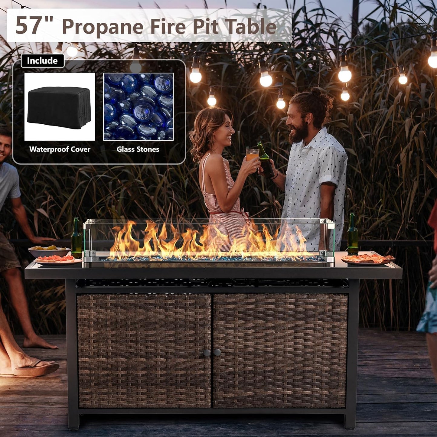 25-Pc Patio Furniture Set - 7 Piece Outdoor Rattan Sofa Set with 57" Fire Table and 17 Accessories, Modular Sofa Set for Garden/Poolside, Orange/Black