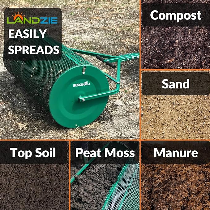 LANDZIE Lawn & Garden Spreaders - 44 Inch Heavy Duty Metal Mesh Basket Push/Tow Spreader - Compost, Peat Moss, Top Soil, Mulch - Durable Lightweight Multi-Purpose Yard Care Equipment - Manure Spreader