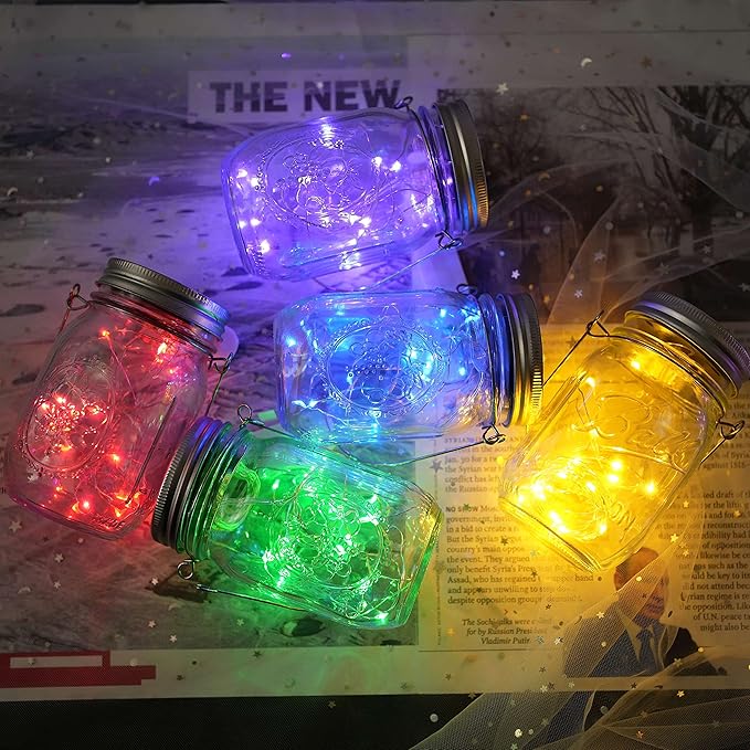 Solar Mason Jar Lid Lights, 10 Pack 30 LED Waterproof Firefly Fairy Lights with Hangers(No Jars), Outdoor Starry String Lights for Patio Yard Garden Wedding Lantern Decor (Mixed Color)