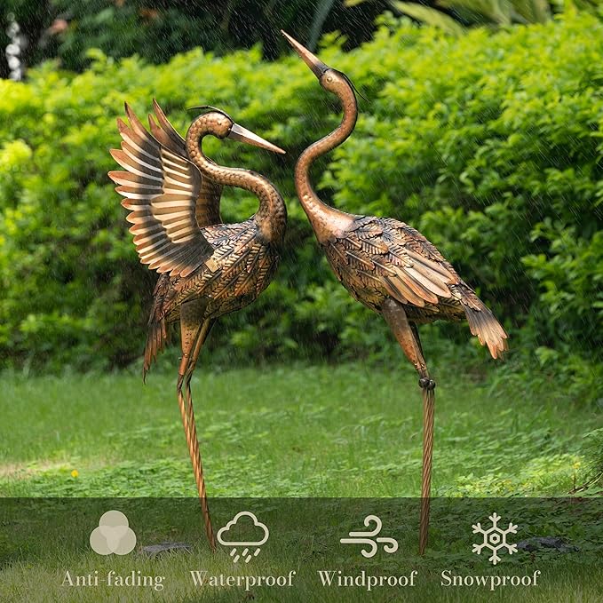 TERESA'S COLLECTIONS Yard Decorations Outdoor Garden Statues, Brass Metal Crane Yard Art, 33-39inch Lawn Ornaments for Backyard, Outside Porch, Patio, Wedding Decor,Set of 2,Spring Decor,Gifts for Mom