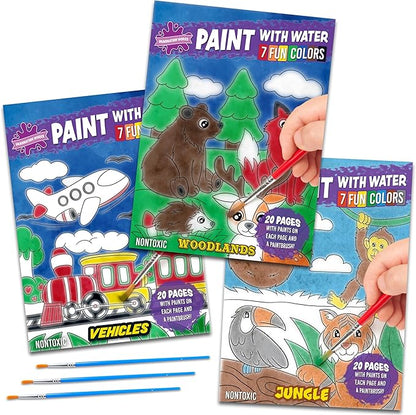 Imagination Works® Paint with Water Books for Kids, 3 Pack | Watercolor Coloring Book Set for Toddler Activities | Spillproof Kids Paint Palettes on Each Page (Jungle, Vehicles, Woodland)