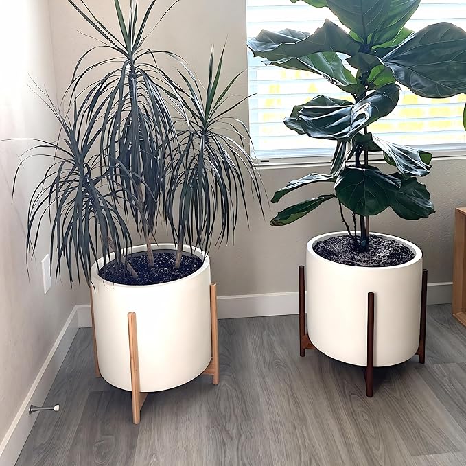 Fox & Fern Bamboo Plant Stand — 14.9 Inch Fixed Size Wooden Mid Century Planter Stand for Indoor Plants; Extra Large Flower Pot Holder for Indoor Big Pots; Plug In Design; Two Height Options - Bamboo