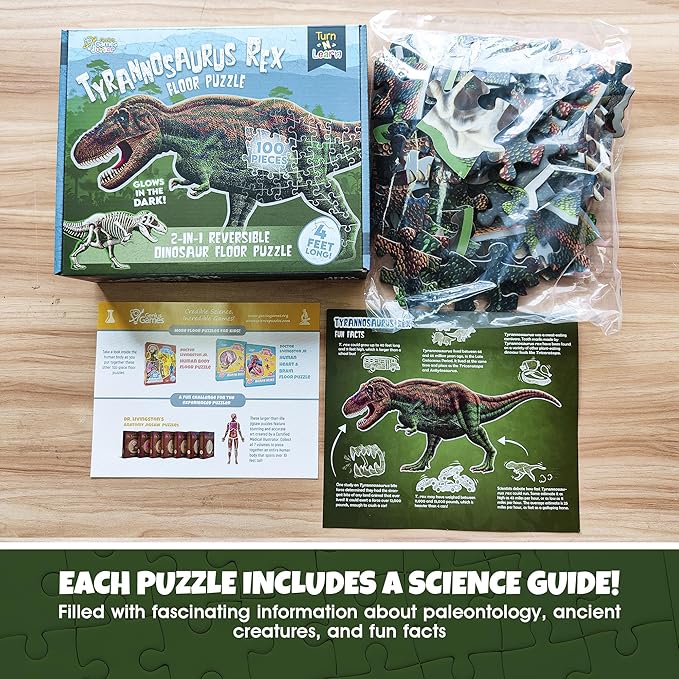 Tyrannosaurus Rex Dinosaur Jigsaw Puzzle | 100-Piece Double Sided Floor Puzzle with Glow-in-The-Dark Skeleton On Other Side | 4 FT Scientifically Accurate Dino Illustration | Educational Toy for Kids