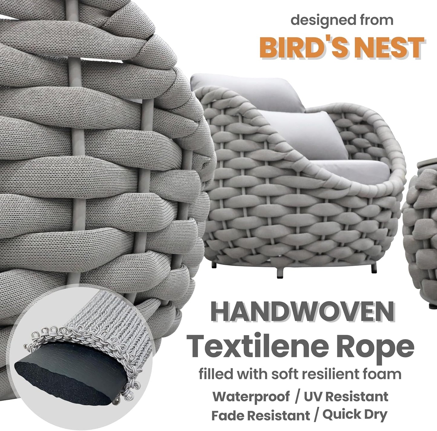 4 Pieces Courtyard Seating Set: Aluminum Woven Rope Patio Furniture Chair Set - All Weather Metal Outdoor Conversation Set - Assembled Armchair with Table Set for Bistro Deck Porch Balcony, Grey