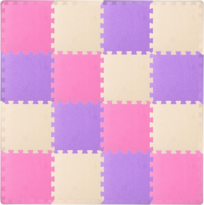 ProSource Foam Puzzle Floor Play Mat for Kids and Babies with Solid Colors, 36 or 16 Interlocking Tiles with Borders, Pink/Purple/Beige