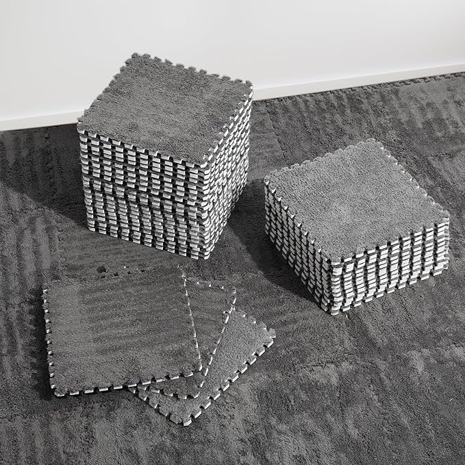 36 Pcs Plush Interlocking Carpet Tiles, Non-Toxic Shaggy Foam Carpet Tiles for Toddler Baby, Machine-Washable, Anti-Slip, EVA Foam Interlocking Tiles for Floor, Nursery, Playroom, Grey